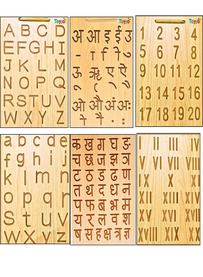 TOYJOS Kids Educational Wooden Tracing Board Set with Stylus Pen | Double-Sided Reversible Alphabets, Hindi, Numbers Writing Slate | Montessori Learning Writing Slate Toy (Age 2+, Set of 3) - Image 1